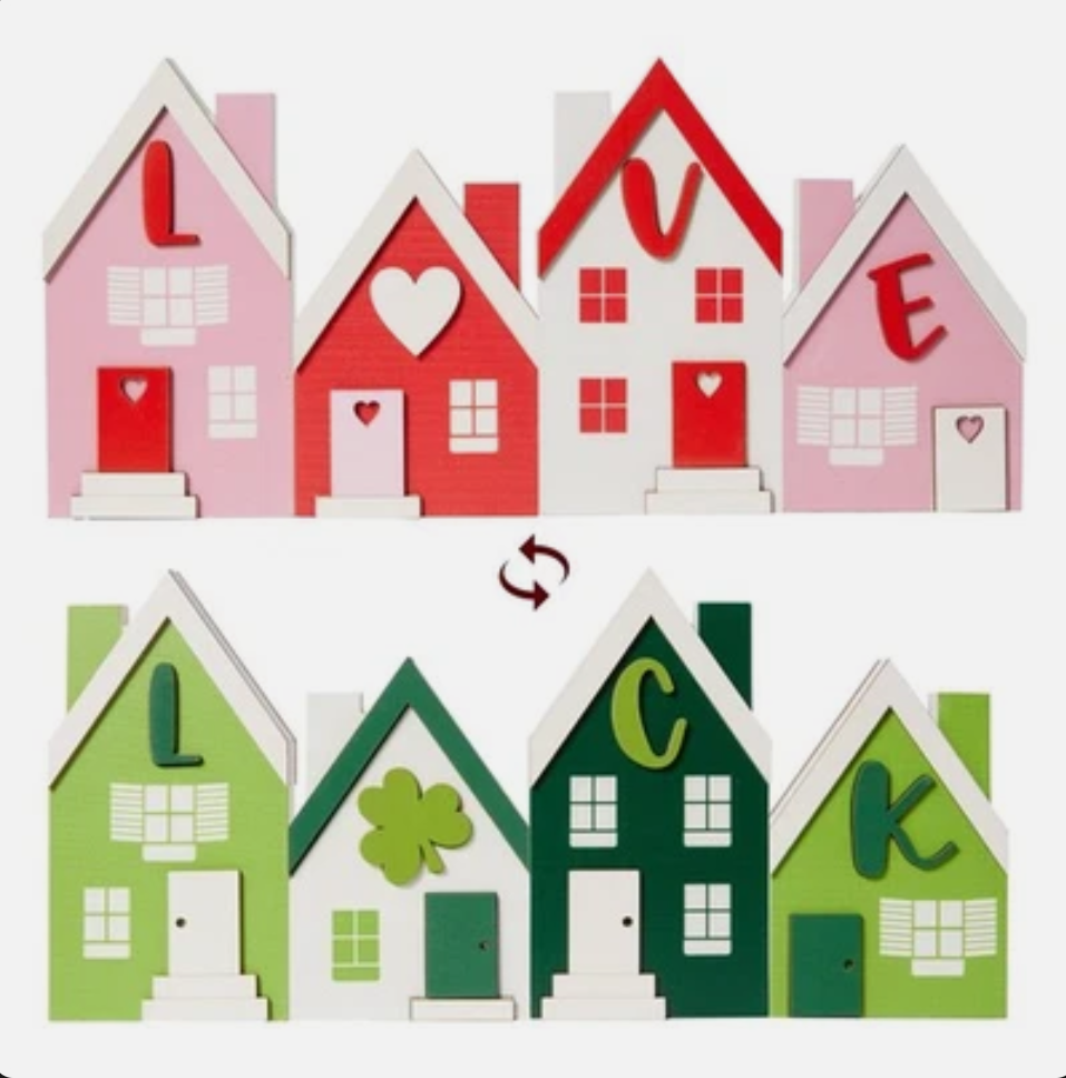 DN DECONATION Valentines & St. Patrick Day Wooden Table Signs Decor, Reversible House Wooden Blocks with Love & Luck for Tiered Tray Tabletop Centerpiece Irish Valentines Day Home Decorations