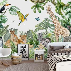 MFWFM Safari Wallpaper for Children with Animals Jungle Wall Mural Watercolor Animals Nursery Wallpaper Kids Room Decor(Not Peel n' Stick)