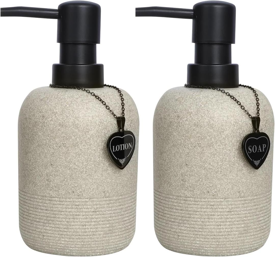 Hand and Dish Soap Dispenser Set for Bathroom and Kitchen, 2PCS Resin Bottles with Black Heart Necklace, Easy Press Lotion Pump, Creative Sand Design, Eco-Friendly for Soap and Lotion