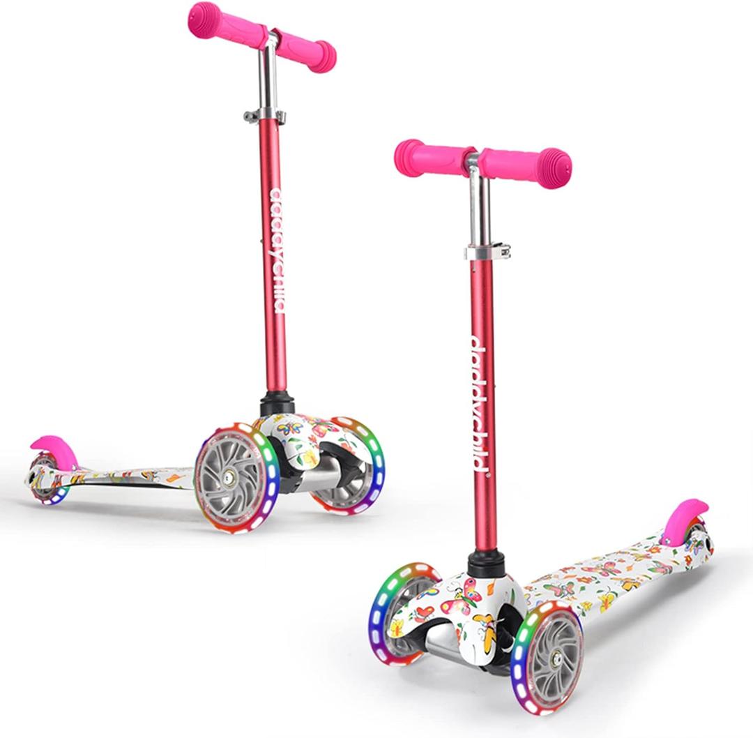 3-Wheel Kick Scooter for Kids Ages 3-8 Lean-to-Steer Toddler Scooter with Extra Wide Light Up Wheels, 4 Adjustable Heights, Foldable Scooters for Boys & Girls, Max Weight 110lbs