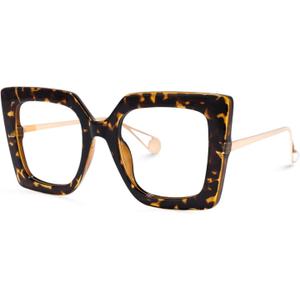 VOOGLAM Square Blue Light Blocking Glasses for Women Oversized Thick Fashion Eyewear with Pearl Inlay Arm Anti Eyestrain UV (Tortoise/Gold)