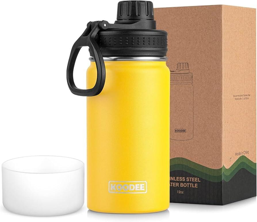Small Water Bottle for School-12 oz Stainless Steel Triple Wall Vacuum Insulated Wide Mouth Bottle with Leakproof Spout Lid (Yellow)