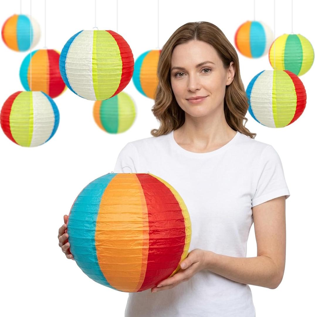 Beach Ball Paper Lanterns, 10-Pc 10 Inch Summer Hanging Decorations