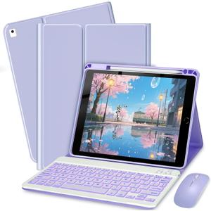 Keyboard Case for iPad 9.7 (6th Gen 2018 / 5th Gen 2017) / Pro 9.7 inch (2016) - 7 Colors Backlit Keyboard Cover and Mouse (Light Purple)