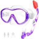 Kids Mask Snorkel Set for Age 5-15,Dry Top Snorkeling Gear for Kids Boys Girls Junior & Youth, Tempered Glass Snorkel Mask with Fins for Swimming Snorkeling (Purple+White, One Size)