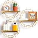 Yaocom 3 Pcs Gold Floating Shelves Wall Mounted Hanging Shelf with Gold Metal Wire and Wood, Foldable Round Shelf Wall Decor for Storage Bedroom Bathroom Living Room Kitchen Office Home Decoration