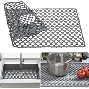 Brovy Silicone Sink Mats,30.6''x 14.7'' Kitchen Sink Protector, Heat Resistant Non-Slip Foldable Large Kitchen Sinks Mat for Bottom of Farmhouse Porcelain Stainless Steel Sinks with Rear Drain (Grey) (Gray)