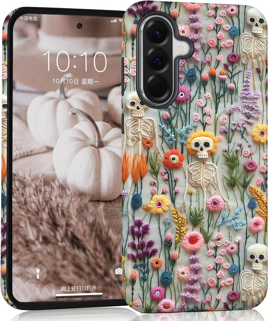 Halloween Skull Case for Samsung Galaxy A56 5G, Aesthetic Cute Flower Skeleton Phone Case Hybrid 2-Layer Hard Shell Shockproof Design Protective Cover