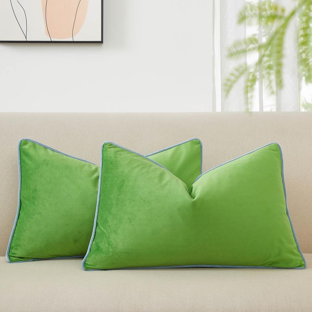 JUSPURBET Apple Green Lumbar Velvet Throw Pillow Covers with Piping 12x20 inch Set of 2 for Sofa Bed Living Room Decorative Soft Cushion Cases with Invisible Zipper, Apple Green 
