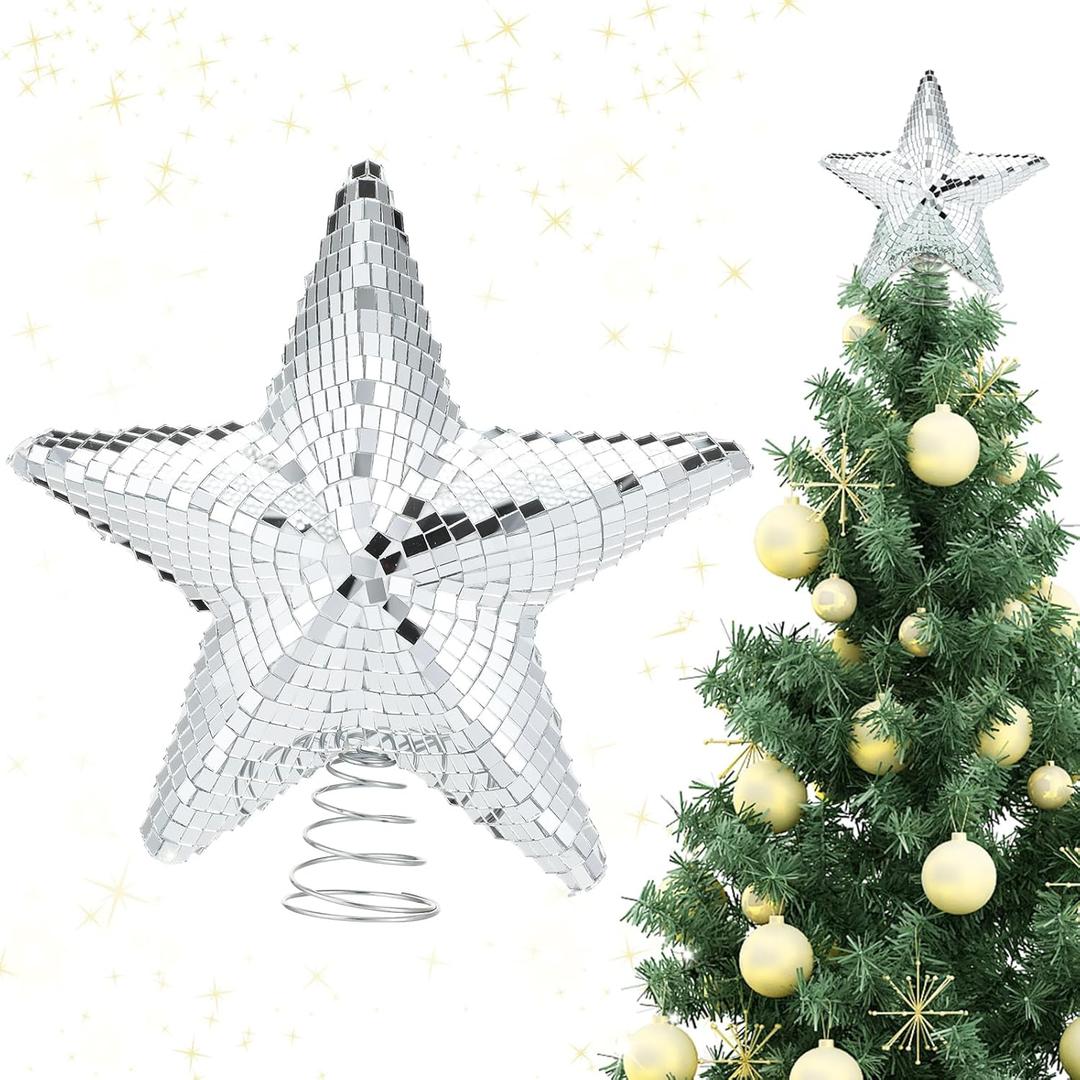 12 Inch Disco Star Christmas Tree Topper Silver Disco Christmas Tree Star Mirror Reflective Decorations for Xmas Party Holiday Outdoor Indoor Home Ornaments