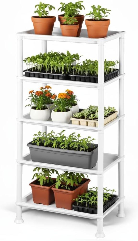 RooTrimmer 5-Tier Seed Starter Trays, Plant Stand, with Bottom-Watering DesignShelf for Indoor Outdoor Seedling Sprouting Greenhouse, Space-Saving for Small Cell Trays & Nursery Pots, White (10"*15"*37")