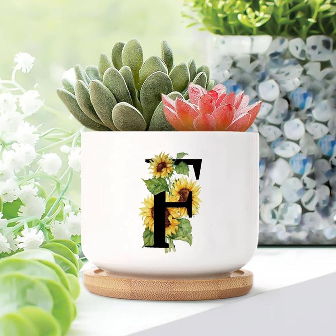 Set of 1 Custom Name Gift Succulent Pot for Outdoor Letter F with Sunflower Planters Ceramic with Drainage Holes Yellow Flower and Monogram Small Pots for Succulents
