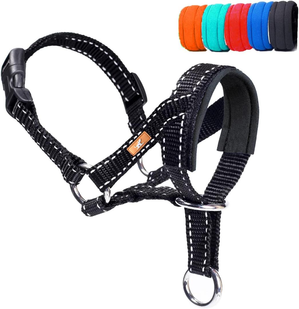 Dog Head Collar, Head Collar with Reflective Strap to Stop Pulling for Medium Dogs, Adjustable (M, Black)