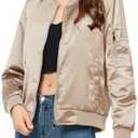 YEABEDA Satin Bomber Jacket Women Casual Fall Varsity Jackets Zip Up Outerwear Windbreaker with Pockets XL
