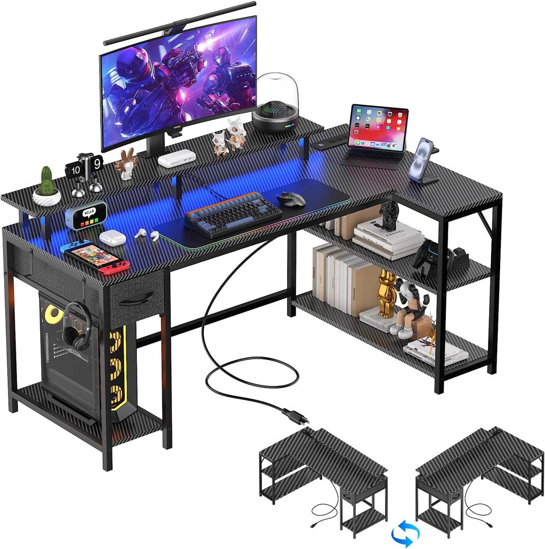 L Shaped Gaming Desk with Power Outlet and LED Light, 47 inch Reversible Computer Desk with CPU Stand, Monitor Stand, Drawer, Home Office Desk Table for living Room, Bedroom Carbon Fiber Black