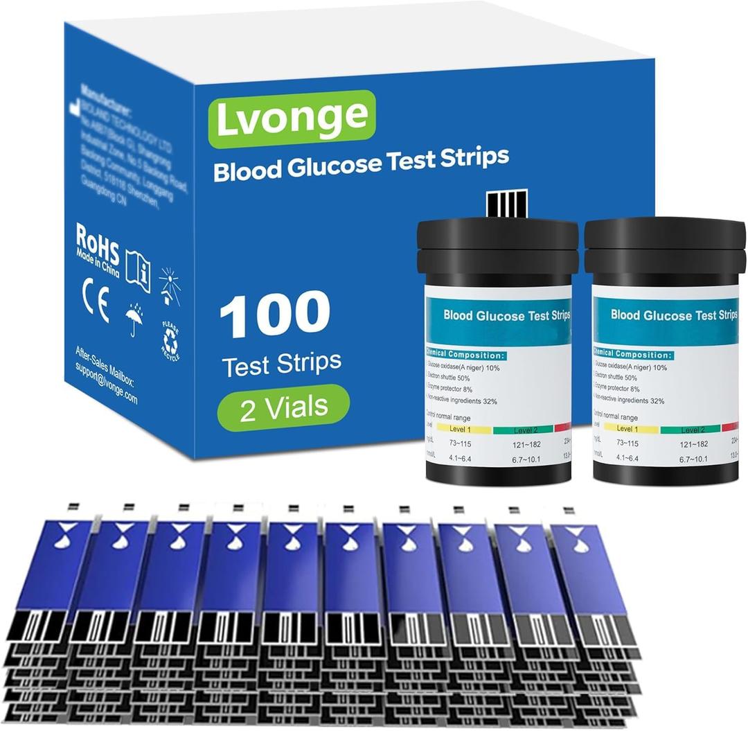 Blood Glucose Test Strips Set -Lvonge 100PC Test Strips for Use Only with Lvonge Blood Glucose Monitor G520/501, Home Diabetes Blood Glucose Testing Kit, Expire: 01/01/2027