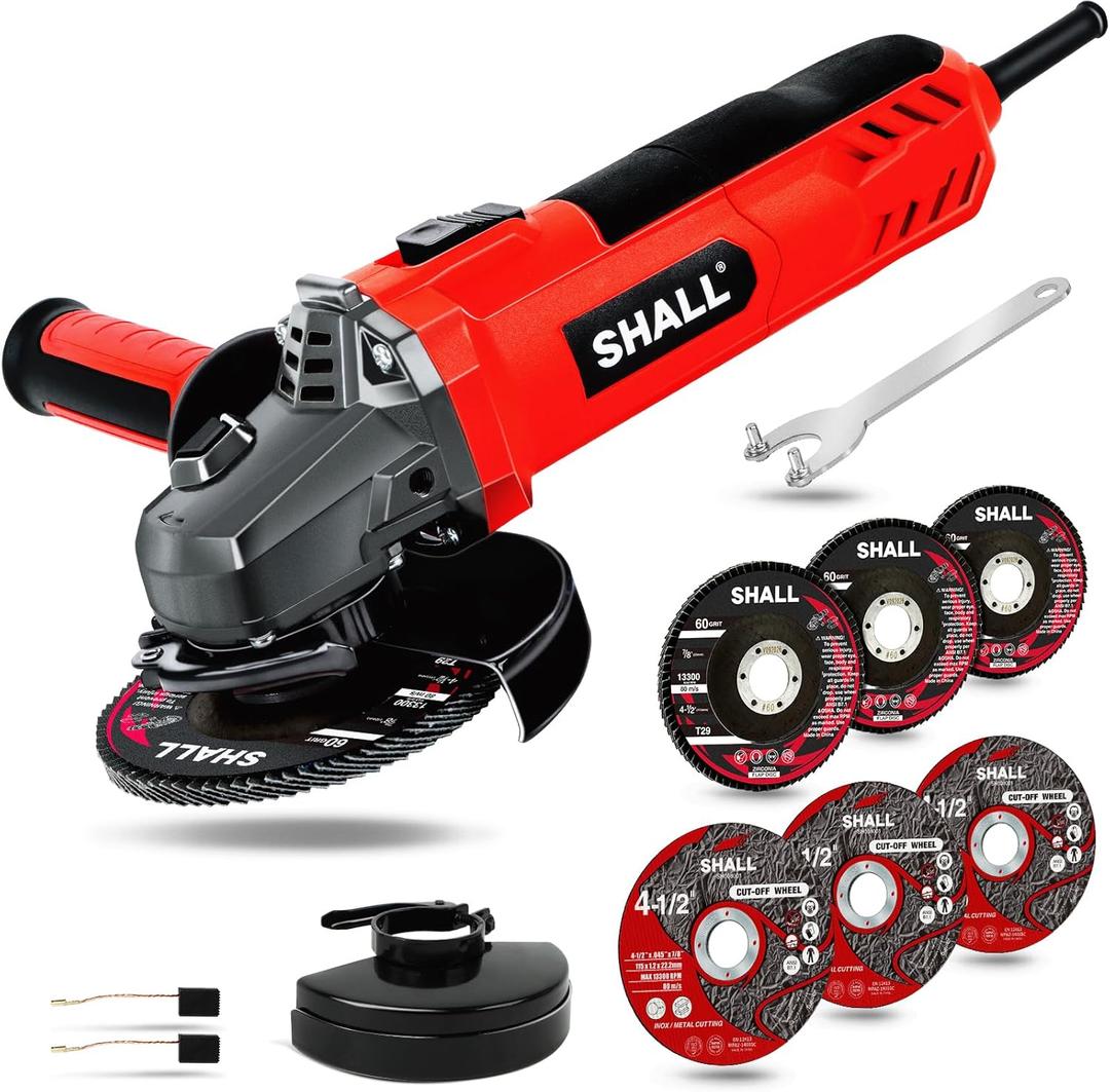 7.5Amp 4-1/2 Inch 12000 RPM Angle Grinder with 2 Guards, 3 Cutting Wheels, 3 Discs, Non-Slip Handle and Carbon Brush for Metal and Wood (Constant-Speed, Red)