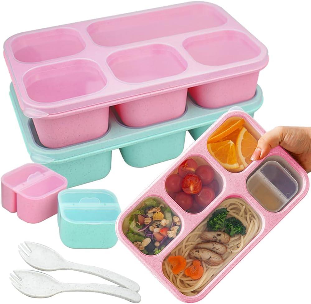 Bento Lunch Box Containers for Adults, Snackle Box Container with 2 Sauce Containers and Spoon, 2-Reusable Meal Prep Containers for Work, Travel (Pink/Green)