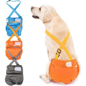 3 Pack Avont Washable Female Dog Diaper with Suspender, Reusable Girl Doggie Diapers for Small Medium Large Doggy in Heat Cycle Period Incontinence -L Blue/Orange/Grey