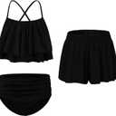 EXARUS Girls Bikini 3 Pieces Bathing Suits Swimsuits Ruched Swimwear Mid Rise Beach Pool (Black)