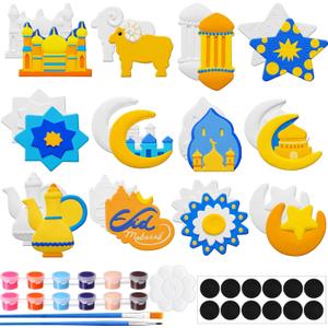 MotiMind 27 Pcs Ramadan Arts and Crafts Set Islamic Eid Gifts Ceramic Painting Kit Include 12 Paint Your Own Figurines with 12 Magnet 2 Brushes and 1 Palette for Ramadan Activities