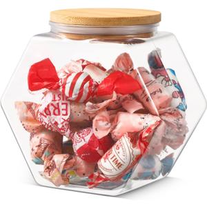 Pickmesh 129 oz Hexagonal Plastic Candy Jar with Airtight Bamboo Lid Hexagon Cookie Jars Clear Containers for Kitchen Storage Snacks, Dog Food, Coffee Pod, Laundry Pod