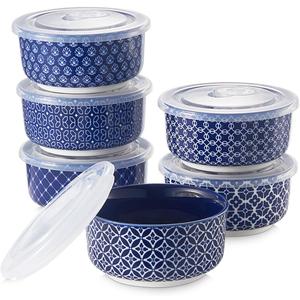 DOWAN Ramekins 8 oz Oven Safe with Lids for Creme Brulee Souffle, Ceramic Custard Cups for Baking, Dipping Bowls Condiment Sauce Cups, Set of 6, Vintage Blue