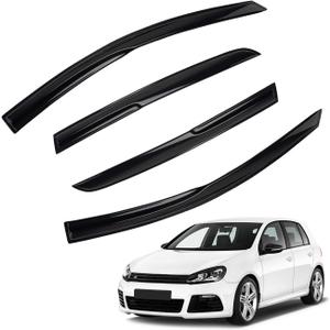 4pcs 3D Wavy MU Style Window Visors Compatible with 2010-2014 VW Golf R GTI MK6 4-Door Hatchback, Front+Rear Left+Right Outside Mount Type Dark Smoke Tint Tape-On Side Sun Rain Guards Set of 4
