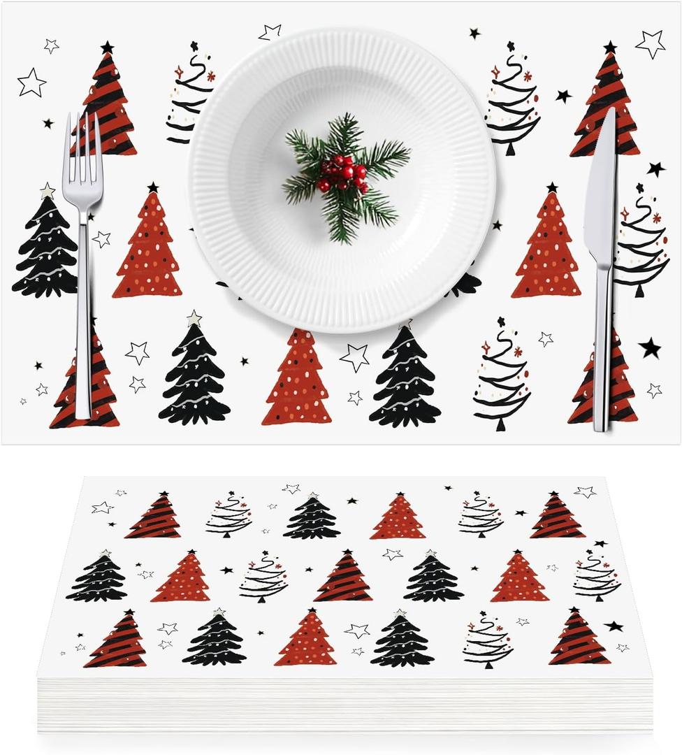 50 Pack Xmas Tree Christmas Paper Placemats Disposable Xmas Trees Winter Holiday Kitchen Paper Place Mats 11 x 17 Inch Table Mats for Home Party Dining Table Decor (Christmas Tree)