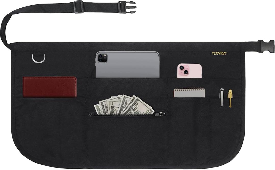 TEXVIDA 7 Pockets Server Apron with Buckle Closure & Zippered Money Pouch  Stain Resistant, Black Waitress Apron