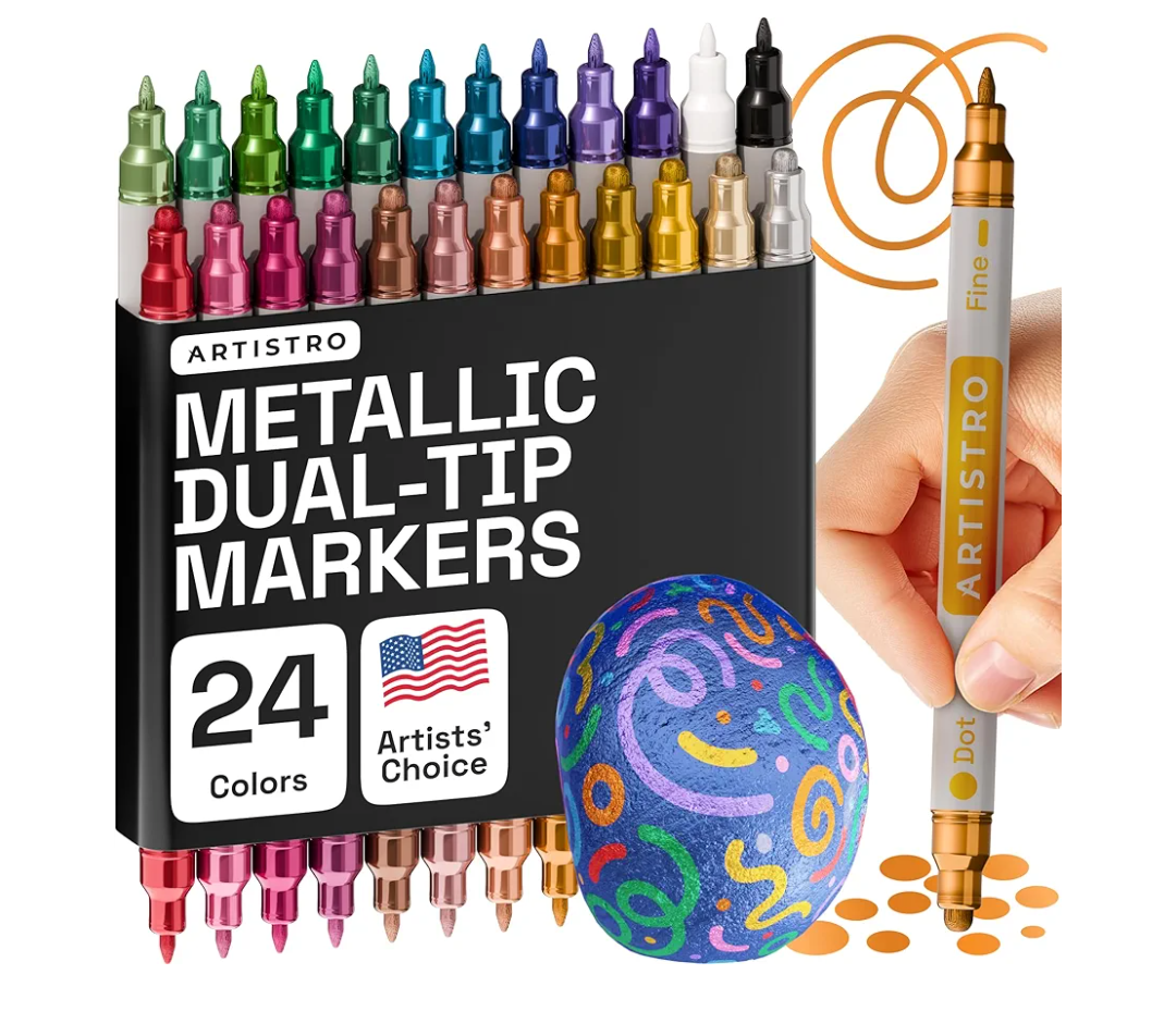 ARTISTRO 24 Metallic Dual-Tip Acrylic Paint Markers for Rock, Canvas, Glass, Wood, & More Fine + Dot Tips