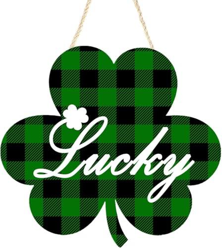 Shamrock Wooden Hanging Sign for Spring Summer, Buffalo Plaid Lucky Decorations Wall Hanger for Front Door, Farmhouse Wood Wreath for Indoor Outdoor Decor