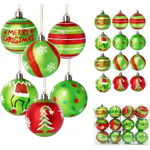 Christma Ornament Set,12 Pcs Christmas Tree Hanging Decorations, 2.36 Inch Green and Red Grinch Christmas Balls, Shatterproof Christmas Ornaments for Xmas Tree, Holiday Party Decor