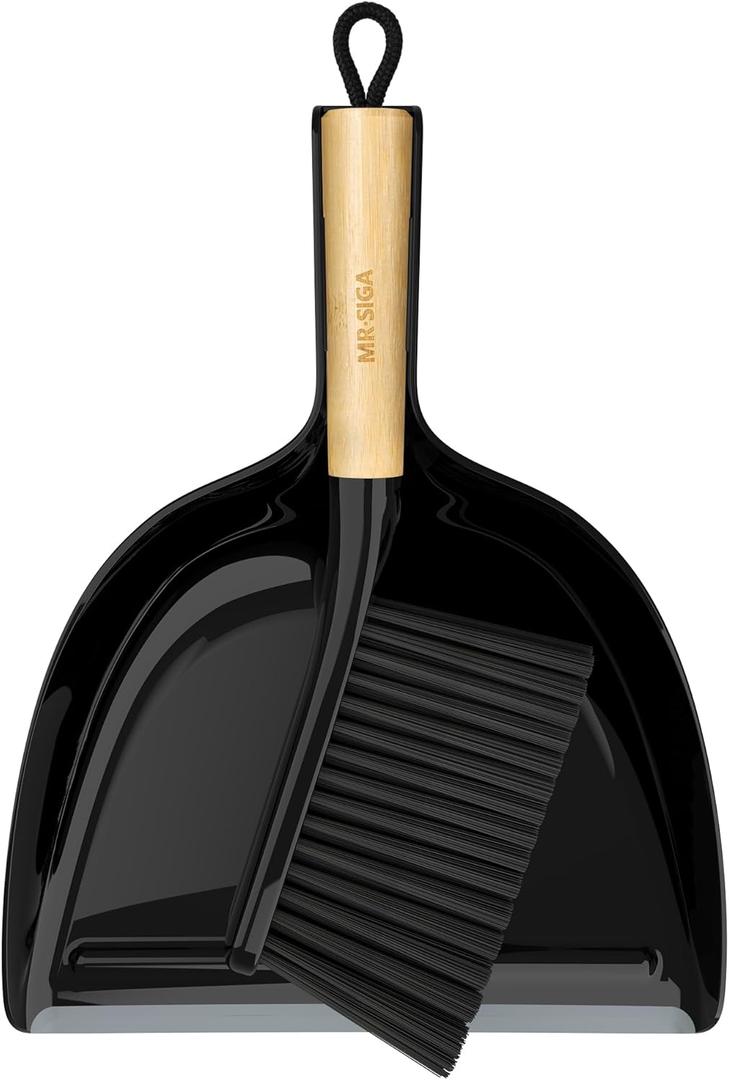 MR.SIGA Dustpan and Brush Set, Portable Cleaning Brush and Dustpan Combo with Bamboo Handle, Black, 1 Set