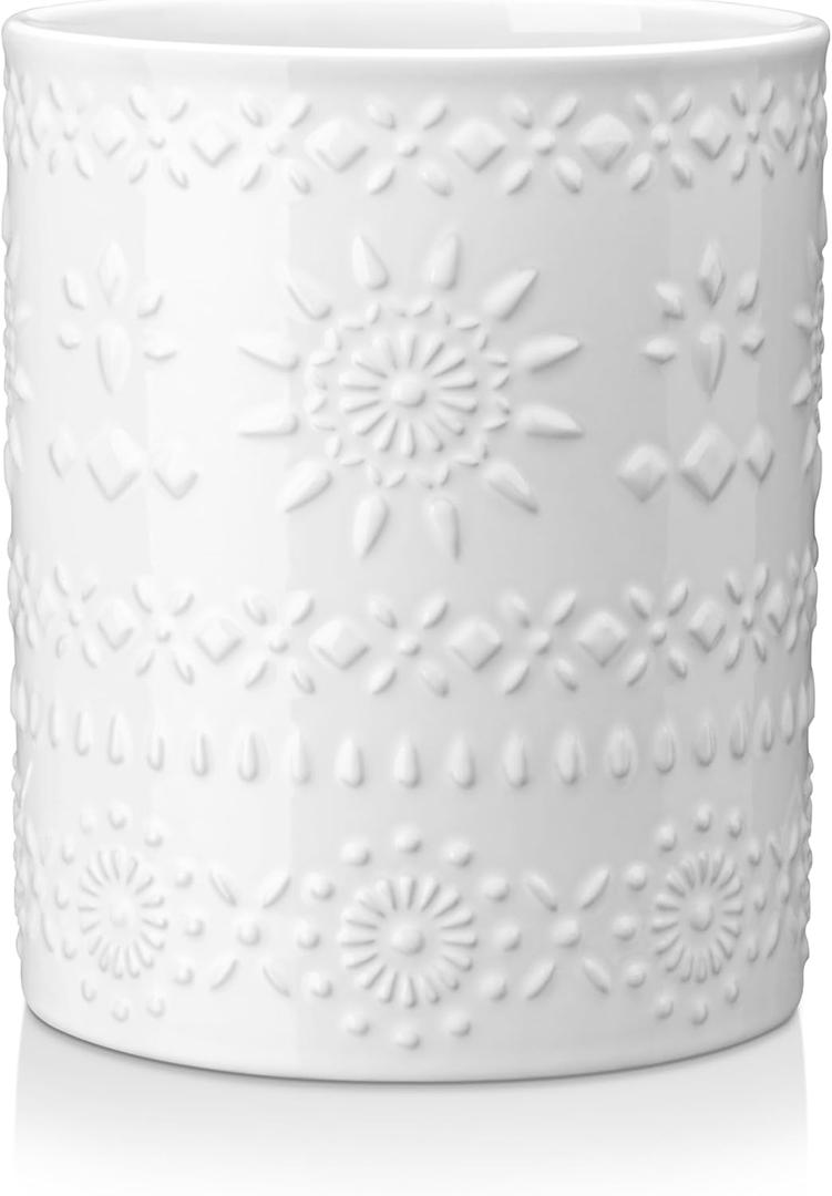 LOVECASA Extra Large Kitchen Utensil Holder, 7.2" Ceramic Farmhous Utensil Holder For Kitchen Countertop Dcor With Heavy And Sturdy Base, Utensil Crock Organizer, White