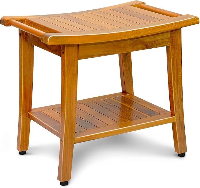 20" Premium Teak Shower Bench with Shelf & Handle, Solid Teak Shower Stool, Durable Wooden Waterproof Seat for Inside Shower, Teak Wood Bench for Bathroom, Indoor & Outdoor Use