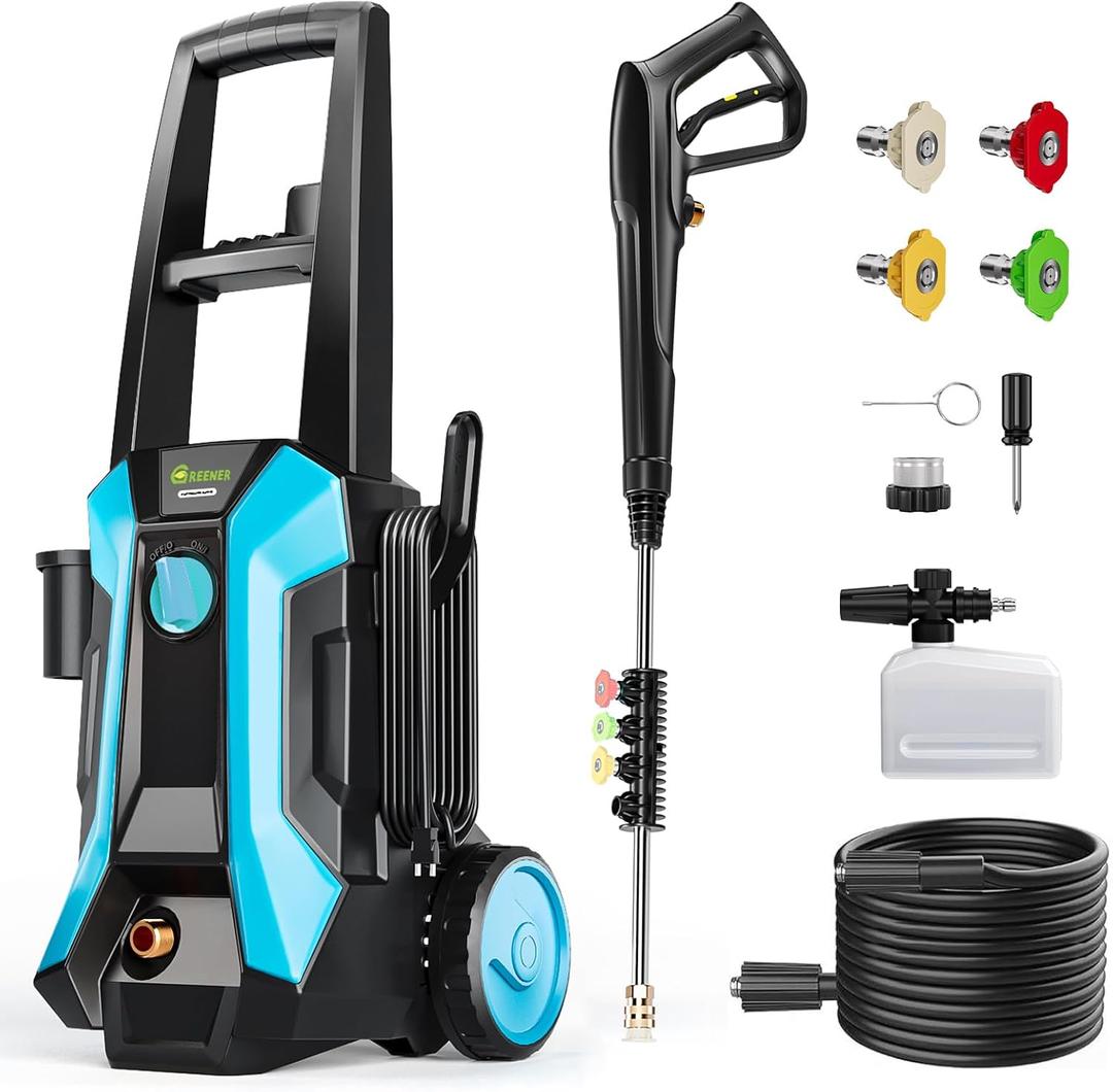 GREENER Electric Pressure Washer 4500 PSI, 4 Quick Nozzles, 2.4GPM, 23FT Outlet Hose, 16FT Power Cord, Power Washer Electric Powered with Soap Cannon for Car, House, Driveway, Patio Cleaning-Blue
