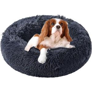 Calming Dog Beds - Round Washable Donut Cuddle Anxiety Cat Pet Bed, Anti-Slip Faux Fur Fluffy, 20" Dark Grey (20.0"L x 20.0"W x 8.0"Th, Dark Grey)