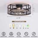 24" Farmhouse Caged Ceiling Fans with Lights Flush Mount, Rustic Low Profile Ceiling Fan with Light and Remote, Quiet Reversible DC Motor Bladeless Enclosed Ceiling Fan for Bedroom Kitchen Dining Room