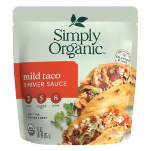 Simply Organic Mild Taco Simmer Sauce, 8 Ounce Pouch, Vibrant & Tangy, For Chicken and Baja-style Fish Tacos (Pack of 6) (EXP 01/01/28)