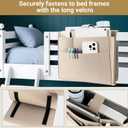 Seefoo Bedside Caddy, Large Bed Caddy Organizer with Cord Slit, Magazine Holder for Books, Remotes, Bunk Bed Storage Pocket with Strong-Grip Loop Tape Sticky for Dorm, Bedroom, Sofa Beige
