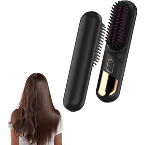 Cordless Straightener Straight Hair Brush, Negative ion Thermal Hair Care Portable Mini Straight Hair Comb, Dual use Straight curl and Smooth Hair Quality, 360 ° Anti Scald, USB Charging- Black