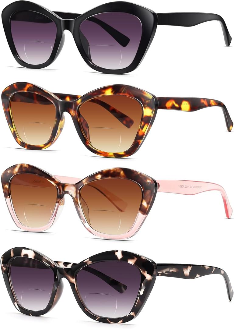 LADEESSE 4 Pack Bifocal Reading Sunglasses for Women Fashion Cateye Sun Readers Outdoor Reading Glasses UV400 +2.50 Protection