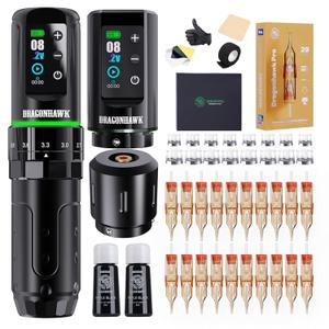 Dragonhawk L3 Tattoo Kit, Cordless/Cord Complete Tattoo Gun Kit Pen Machine, 7 Strokes Length, 2 Batteries 2,000mAh Power Supply with Extra Battery Rca Jack Part, Pro Tattoo Needles for Beginner (Black + Two Batteries)