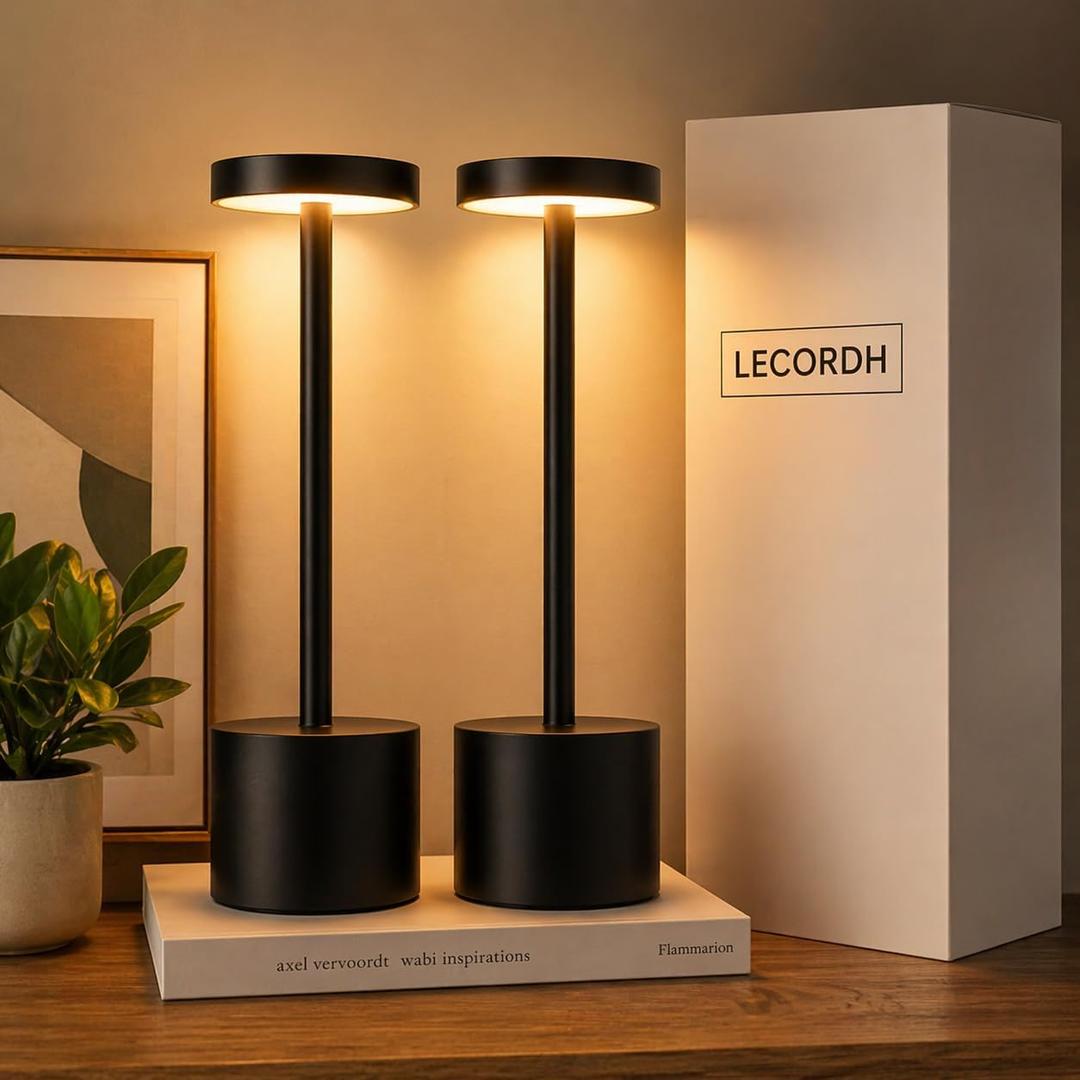 Cordless Table Lamp 2 Pack, Rechargeable LED Table Lamps with Touch Dimming, Battery Operated Portable Lamps for Bedroom, Nightstand, Restaurant, Patio & Home Dcor, Black Metal