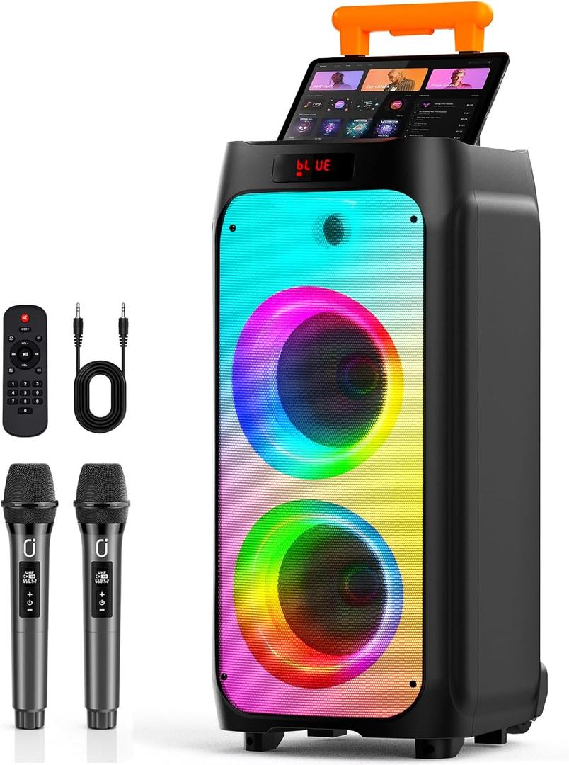 Karaoke Machine with 2 Wireless Microphones, Big Bluetooth Party Speaker with 500W Peak Power for Adults, PA System with Rolling Wheels and Trolley, Perfect for Outdoor, Home Party, Gatherings