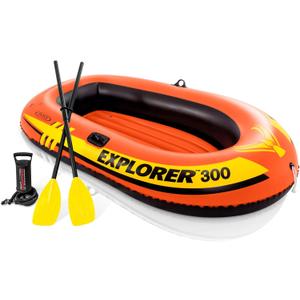 INTEX Explorer Inflatable Boat Series: Dual Air Chambers  Welded Oar Locks  Grab Handles  Bow Rope  Sporty Design (3 Person)