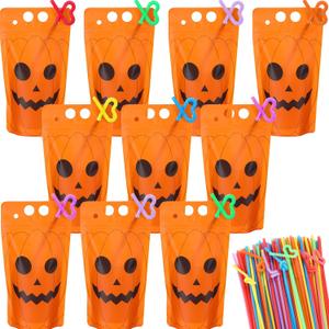 Nuenen 500 Pack Halloween Drink Pouches with Straws Spooky Pumpkin Plastic Juice Bags for Adults Disposable Drinking Bags Stand up Zipper Pouches with Straws for Smoothie Juice Halloween Party