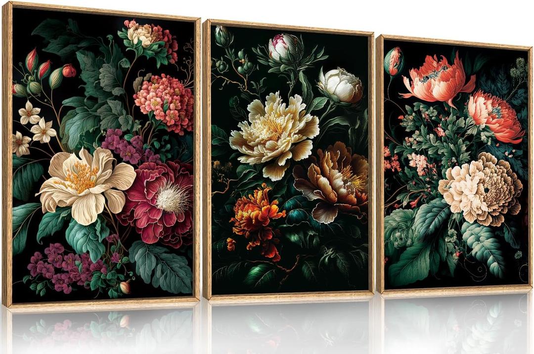 FWIEXA Dark Floral Canvas Wall Art Set, Framed Vintage Moody Flower Wall Decor, Large Black Botanical Wall Painting, Academia Art Print 3 Piece 16x24 Inches for Living Room, Bedroom, Office