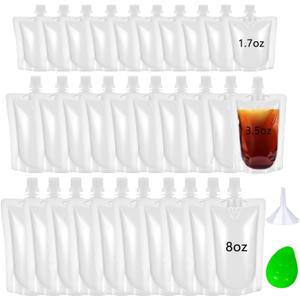 30 Pack Liquor Pouches with Screw on Cap Disposable Drink Pouches Beverage Bags 1.7OZ 3.5OZ 8OZ Portion Juice Pouch Carrier Smoothie Bag for Freezer Travel Events Homemade Drinks Refrigerator